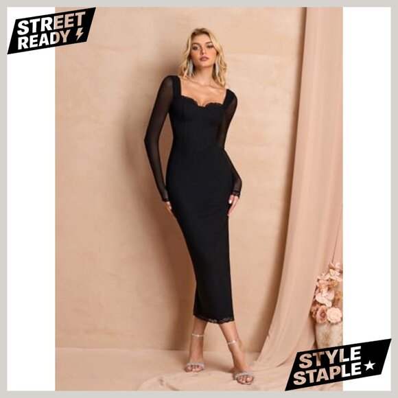 Long Sleeve Lace Corset Bodycon Dress with Back Slit for Formal Occasions - Picture 5 of 6